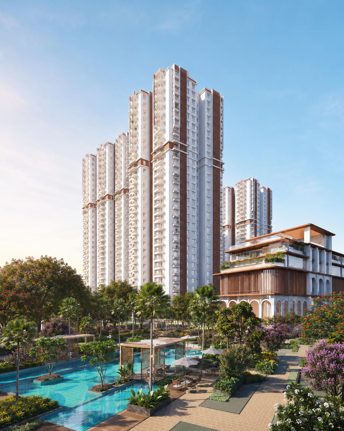 Poulomi Florique landscaped residential tower at dusk